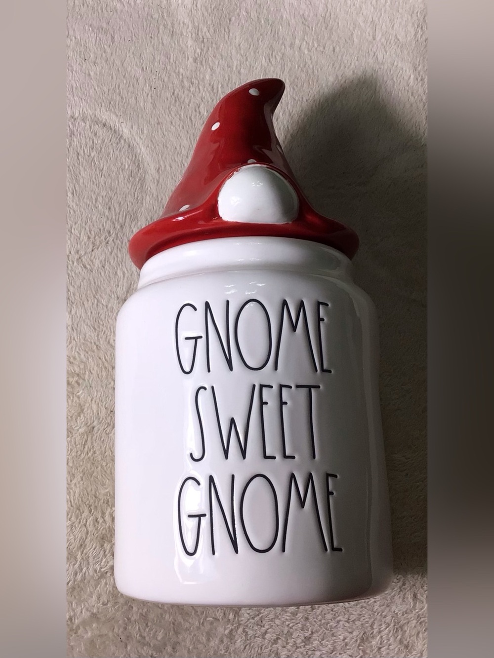 Rae Dunn White Ceramic Canister with Red Gnome Hat Lid